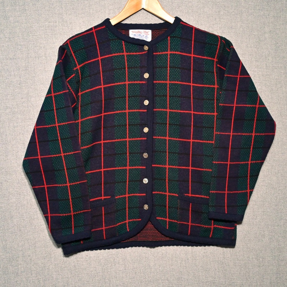VTG Tally Ho Cardigan Sweater Womens M Green Red Blue Plaid Gold Buttons Grandpa